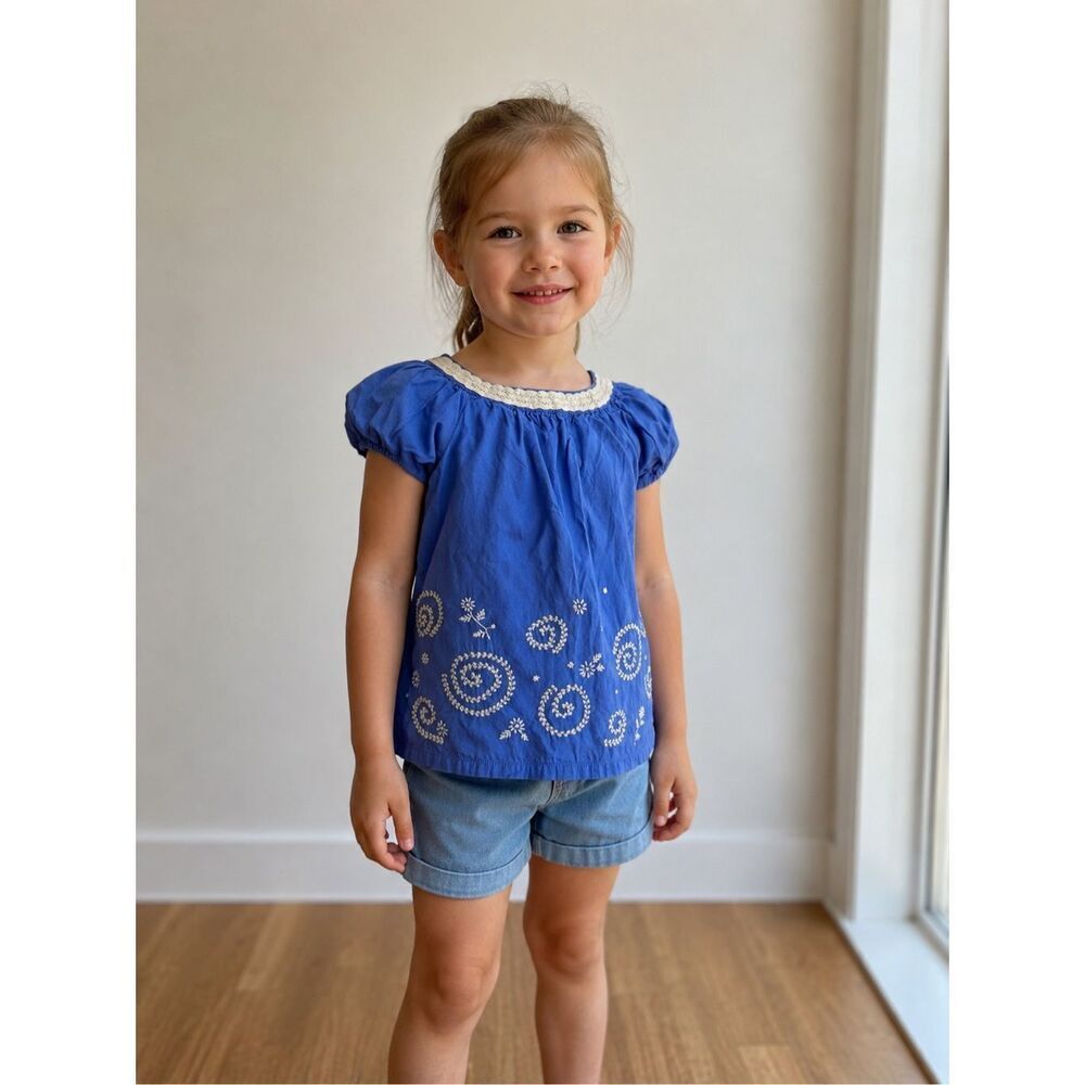 Genuine Kids OshKosh 4T Blue Embroidered Peasant Top Boho Puff Sleeve Girls